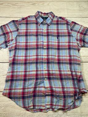Ralph Lauren Linen Plaid Button-Down Short Sleeve Shirt XL